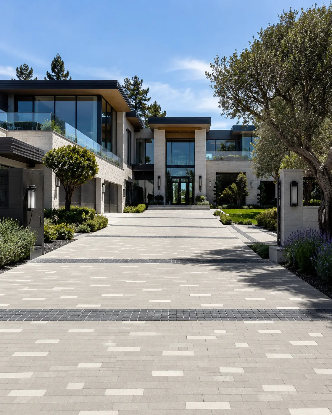 Paver driveway leading to a modern Bay Area home