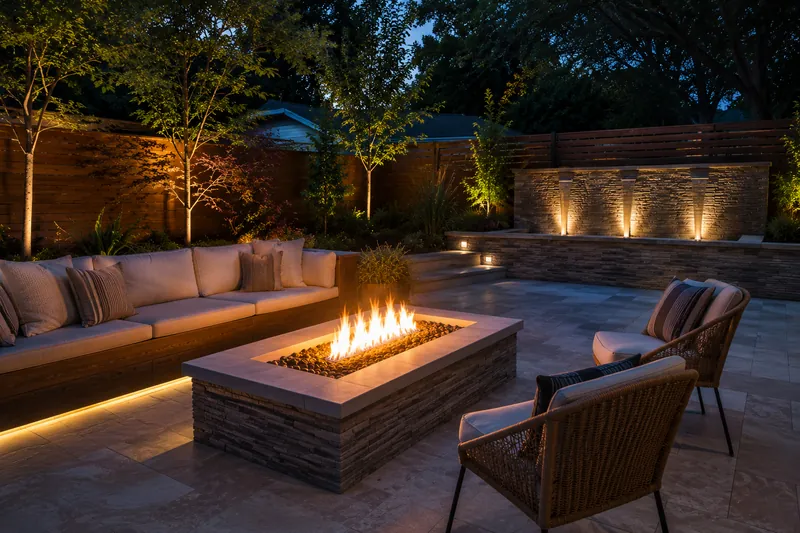 Outdoor fire pit and lounge area at dusk