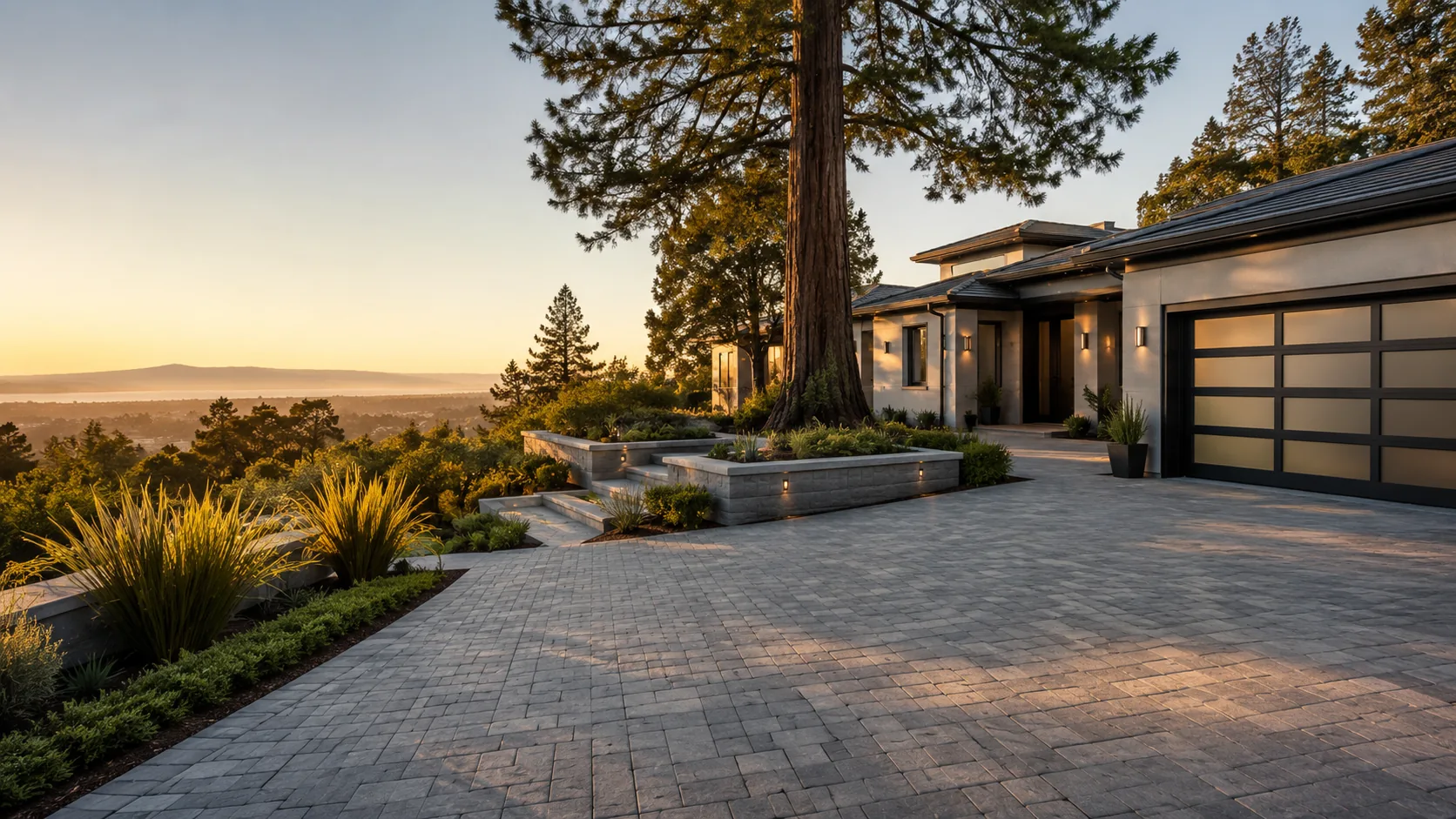 Modern paver driveway leading to a Bay Area hillside home at sunset