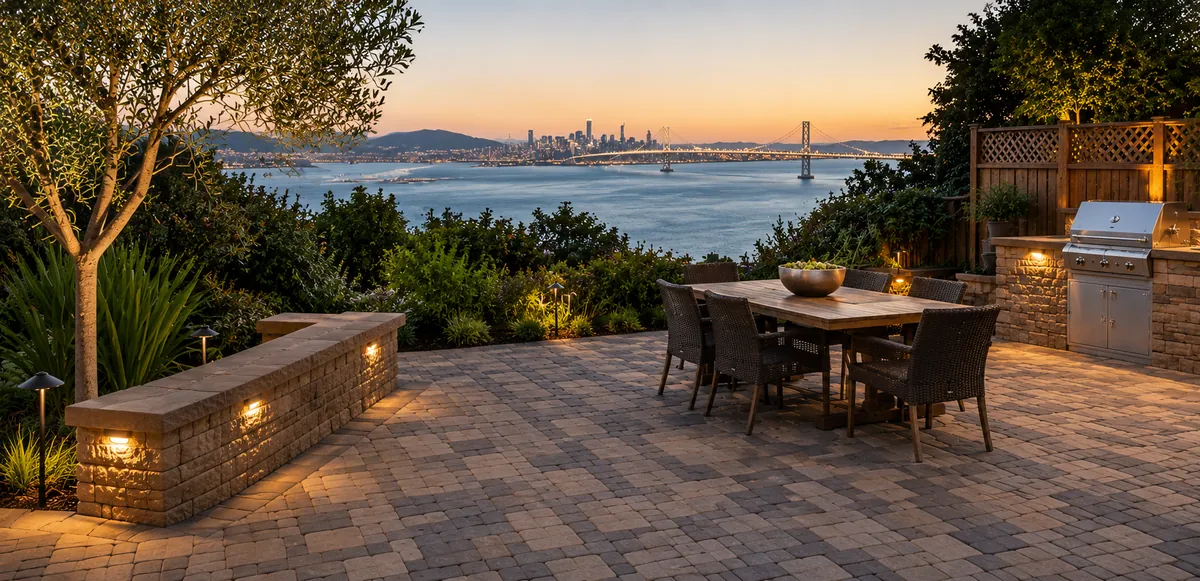Paver patio with built-in outdoor kitchen overlooking the San Francisco Bay